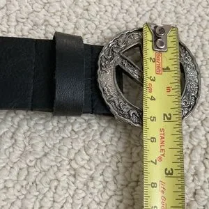 Peace Sign Metal Buckle Leather Belt Made in USA Size Large Accessories | Peace Sign Metal Buckle Leather Belt Made In  main image 2